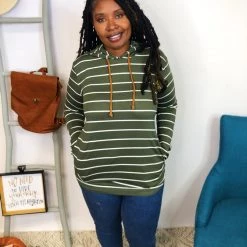 Iris & Rainbow Boutique #M543 Stripe It Up Hoodie With Elbow Patches (Olive)