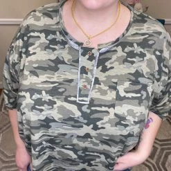 Iris & Rainbow Boutique New Arrivals #H985 On The Line Camo POL Top