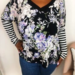 Iris & Rainbow Boutique #K925 Illuminating Floral Stripes Dolman Top
