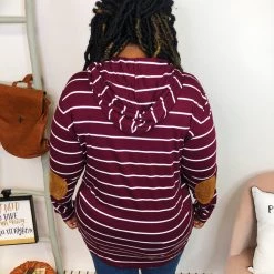 Iris & Rainbow Boutique New Arrivals #K875 Stripe It Up Hoodie With Elbow Patches (WINE)