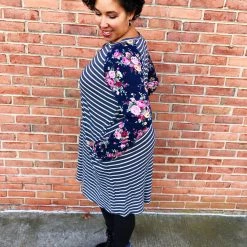 Iris & Rainbow Boutique New Arrivals #L252 A Floral Dream Striped Dress (Navy)