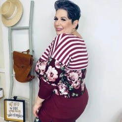 Iris & Rainbow Boutique #K963 Flowers And Stripes Long Sleeve (Burgundy)