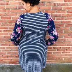 Iris & Rainbow Boutique New Arrivals #L252 A Floral Dream Striped Dress (Navy)