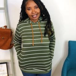 Iris & Rainbow Boutique #M543 Stripe It Up Hoodie With Elbow Patches (Olive)