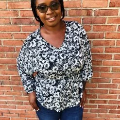 Iris & Rainbow Boutique #K676 Shades Of Black & White Floral Long Sleeve Top New Arrivals