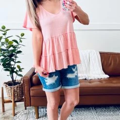 No Ship Drop Ship Pinkin Of You Tiered Babydoll Top In Heathered Pink