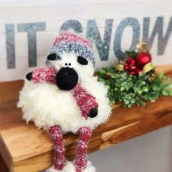Iris & Rainbow Boutique #L360 Dangle Leg Plush Fluffy Sheep W/Red Knit Hat