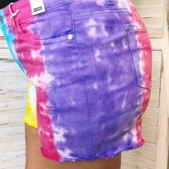 Iris & Rainbow Boutique New Arrivals #K22 Rainbow Snow Cone Judy Blue Tie Dye Mid Rise Shorts