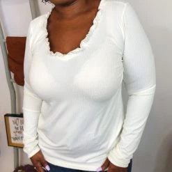Iris & Rainbow Boutique #K816 Ribbed & Ruffled Top (IVORY)
