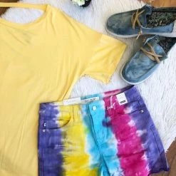 Iris & Rainbow Boutique New Arrivals #K22 Rainbow Snow Cone Judy Blue Tie Dye Mid Rise Shorts