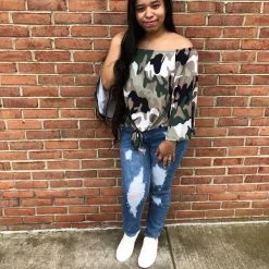 Iris & Rainbow Boutique #1020 Off The Shoulder Soldier Camo Top - FINAL SALE New Arrivals