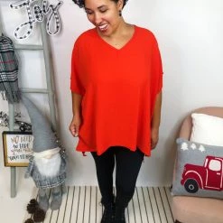Iris & Rainbow Boutique #L241 Spicy Sophistication Poncho Top (Hot Coral) New Arrivals