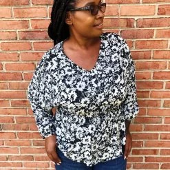 Iris & Rainbow Boutique #K676 Shades Of Black & White Floral Long Sleeve Top New Arrivals