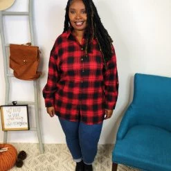 Iris & Rainbow Boutique #K863 Time For Plaid Button Down Top (RED/BLACK) New Arrivals