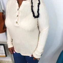 Iris & Rainbow Boutique #K879 Neutral Lines Henley Top (Cream) New Arrivals