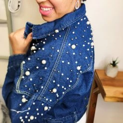 Iris & Rainbow Boutique New Arrivals #L835 Texas Pearls Cropped Jacket (Dark Denim)