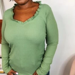 Iris & Rainbow Boutique #K817 Ribbed & Ruffled Top (SAGE)
