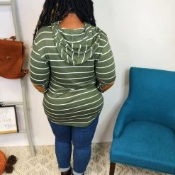 Iris & Rainbow Boutique #M543 Stripe It Up Hoodie With Elbow Patches (Olive)