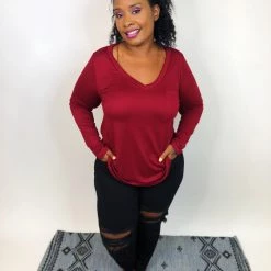 Iris & Rainbow Boutique #K711 Simple & Sweet Long Sleeve Top (WINE)