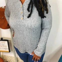 Iris & Rainbow Boutique New Arrivals #K878 Neutral Lines Henley Top (Heather Grey)