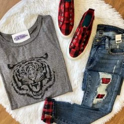 Iris & Rainbow Boutique #D1 Buffalo Plaid Patch Judy Blue Cuffed Skinny Jeans New Arrivals