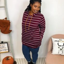 Iris & Rainbow Boutique New Arrivals #K875 Stripe It Up Hoodie With Elbow Patches (WINE)