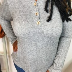 Iris & Rainbow Boutique New Arrivals #K878 Neutral Lines Henley Top (Heather Grey)