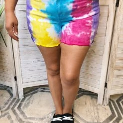 Iris & Rainbow Boutique New Arrivals #K22 Rainbow Snow Cone Judy Blue Tie Dye Mid Rise Shorts