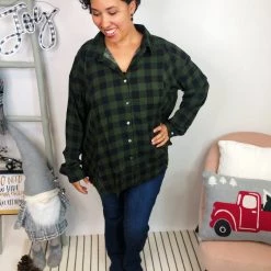 Iris & Rainbow Boutique #L276 Feels Like A Holiday Plaid Top (Olive) New Arrivals