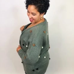 Iris & Rainbow Boutique #K714 Cheerful Pom Pom Sweater (Olive) New Arrivals