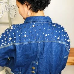 Iris & Rainbow Boutique New Arrivals #L835 Texas Pearls Cropped Jacket (Dark Denim)