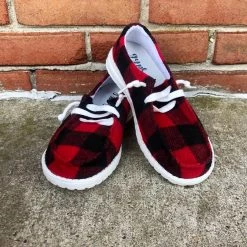 Iris & Rainbow Boutique #D29 Red Buffalo Plaid Slip On Shoes