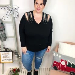 Iris & Rainbow Boutique #L242 Slashes Of Perfection Long Sleeve Top (BLACK) New Arrivals