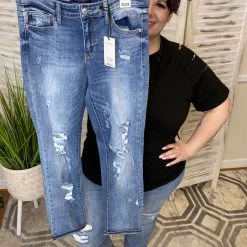 Iris & Rainbow Boutique New Arrivals #J831 Slashin Up My Knees Mid Rise Boyfriend Judy Blue Jeans