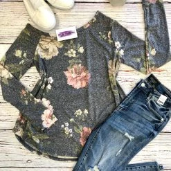 Iris & Rainbow Boutique New Arrivals #E3 Flora's Off Shoulder Floral Top (Gray) - FINAL SALE