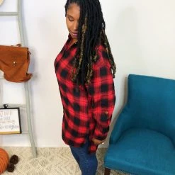 Iris & Rainbow Boutique #K863 Time For Plaid Button Down Top (RED/BLACK) New Arrivals