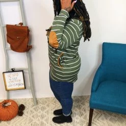 Iris & Rainbow Boutique #M543 Stripe It Up Hoodie With Elbow Patches (Olive)