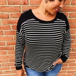 Iris & Rainbow Boutique New Arrivals #K622 Classic Lines Long Sleeve Top (Black)
