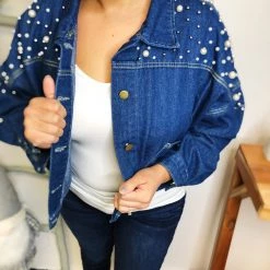 Iris & Rainbow Boutique New Arrivals #L835 Texas Pearls Cropped Jacket (Dark Denim)