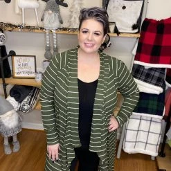 Iris & Rainbow Boutique #M845 Olive Striped Open Cardigan New Arrivals