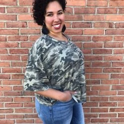 Iris & Rainbow Boutique New Arrivals #H985 On The Line Camo POL Top