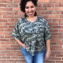 Iris & Rainbow Boutique New Arrivals #H985 On The Line Camo POL Top