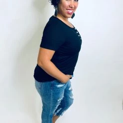 Iris & Rainbow Boutique #K463 Lovely Button Black Top