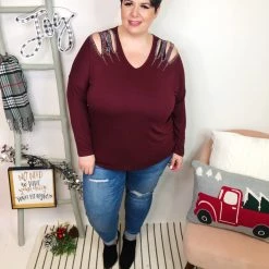 Iris & Rainbow Boutique #L243 Slashes Of Perfection Long Sleeve Top (PLUM)