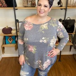 Iris & Rainbow Boutique New Arrivals #E3 Flora's Off Shoulder Floral Top (Gray) - FINAL SALE