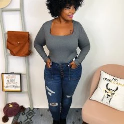 Iris & Rainbow Boutique New Arrivals #K780 All Squared Away Bodysuit (CHARCOAL)