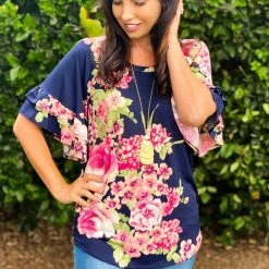 Boutique Simplified Navy Blooms Ruffle Sleeve Top New Arrivals